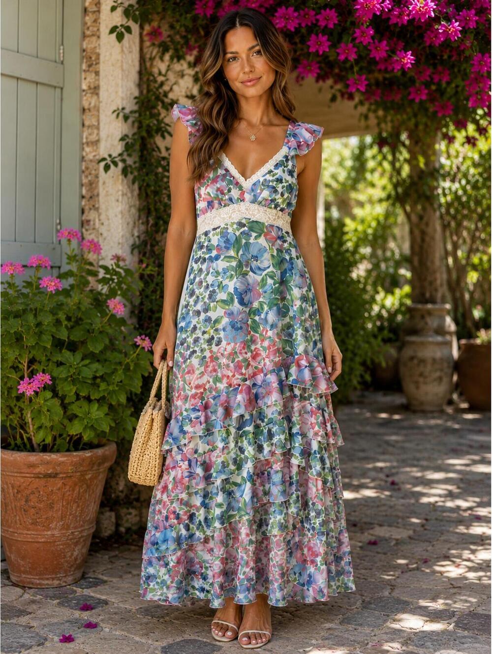 Floral V-Neck Ruffle Maxi Dress - Pink, Blue & Green